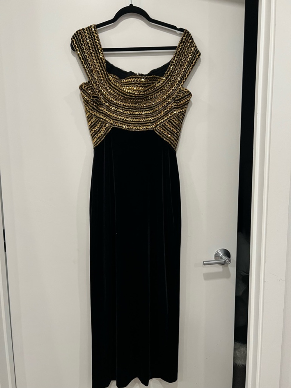 Vintage 90s Black Velvet Maxi Dress with Gold SequinYoke Detail